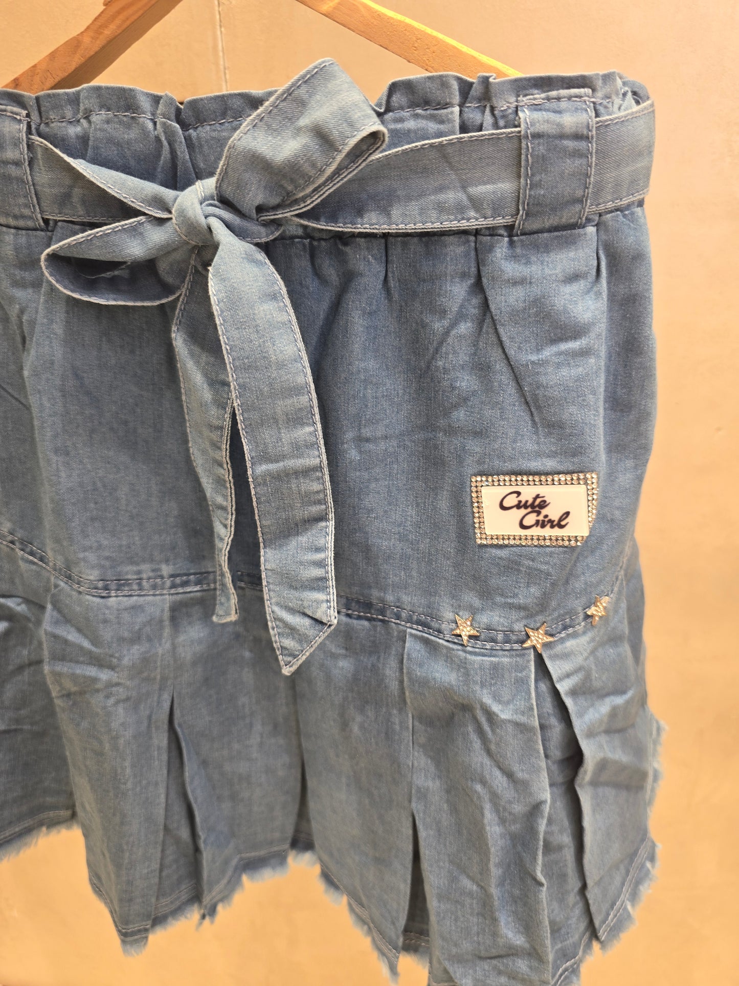 Girls Silky Denim Mini Skirt in Sky Blue with Elastic Waistband and Attachable Tie for Summer Casual Wear