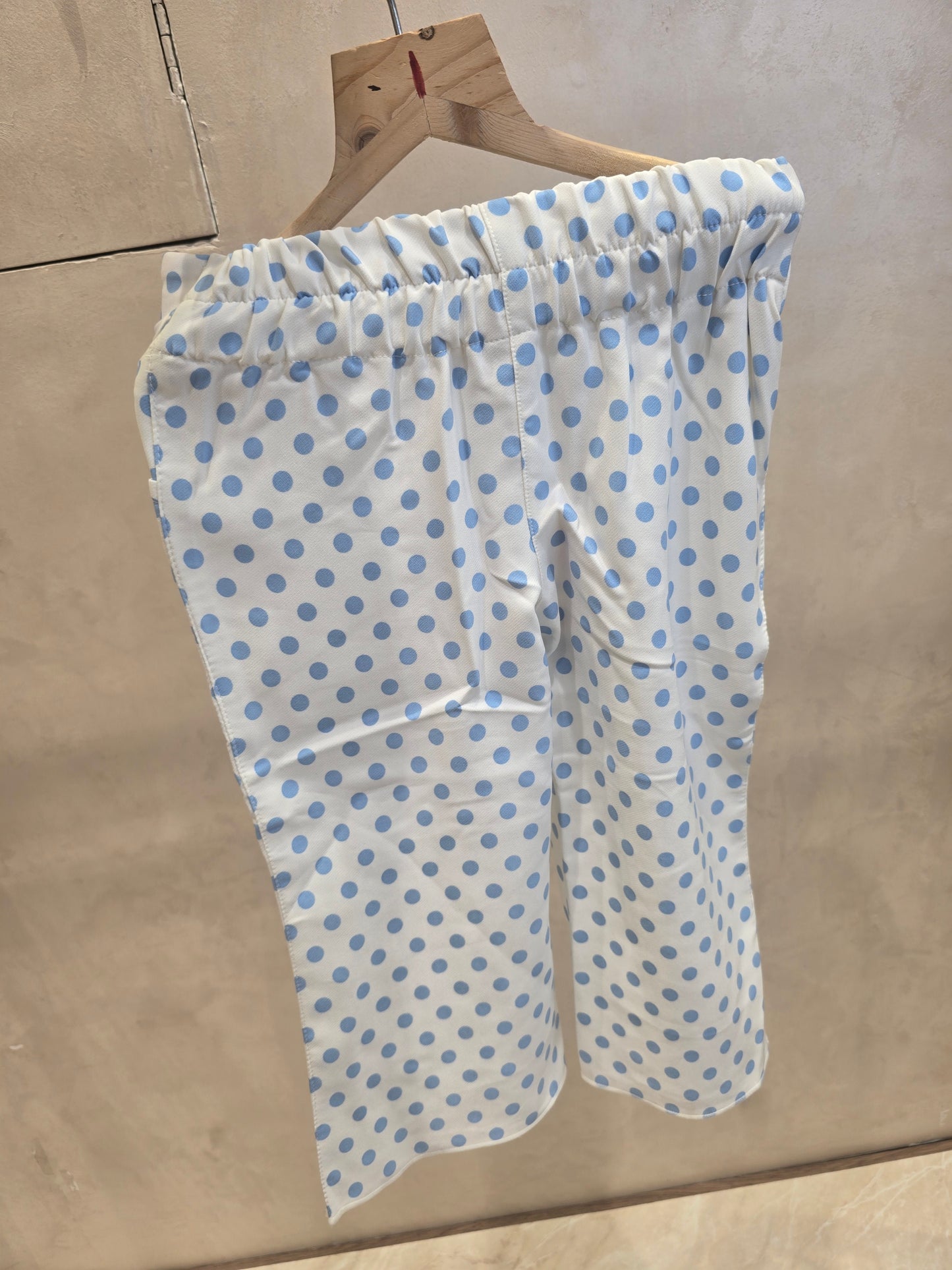 Girls Satin Capri Pant in White Base with Sky Blue Polka Dot Print and Stylish Left Side Logo for Summer Casual Wear