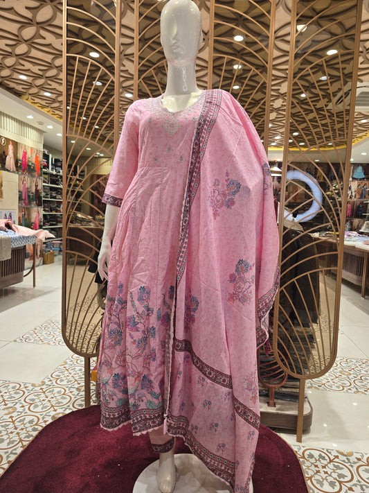 Baby Pink Cotton Anarkali Kurti Set for Women with Floral Border Print, Matching Dupatta and V-Neck Design