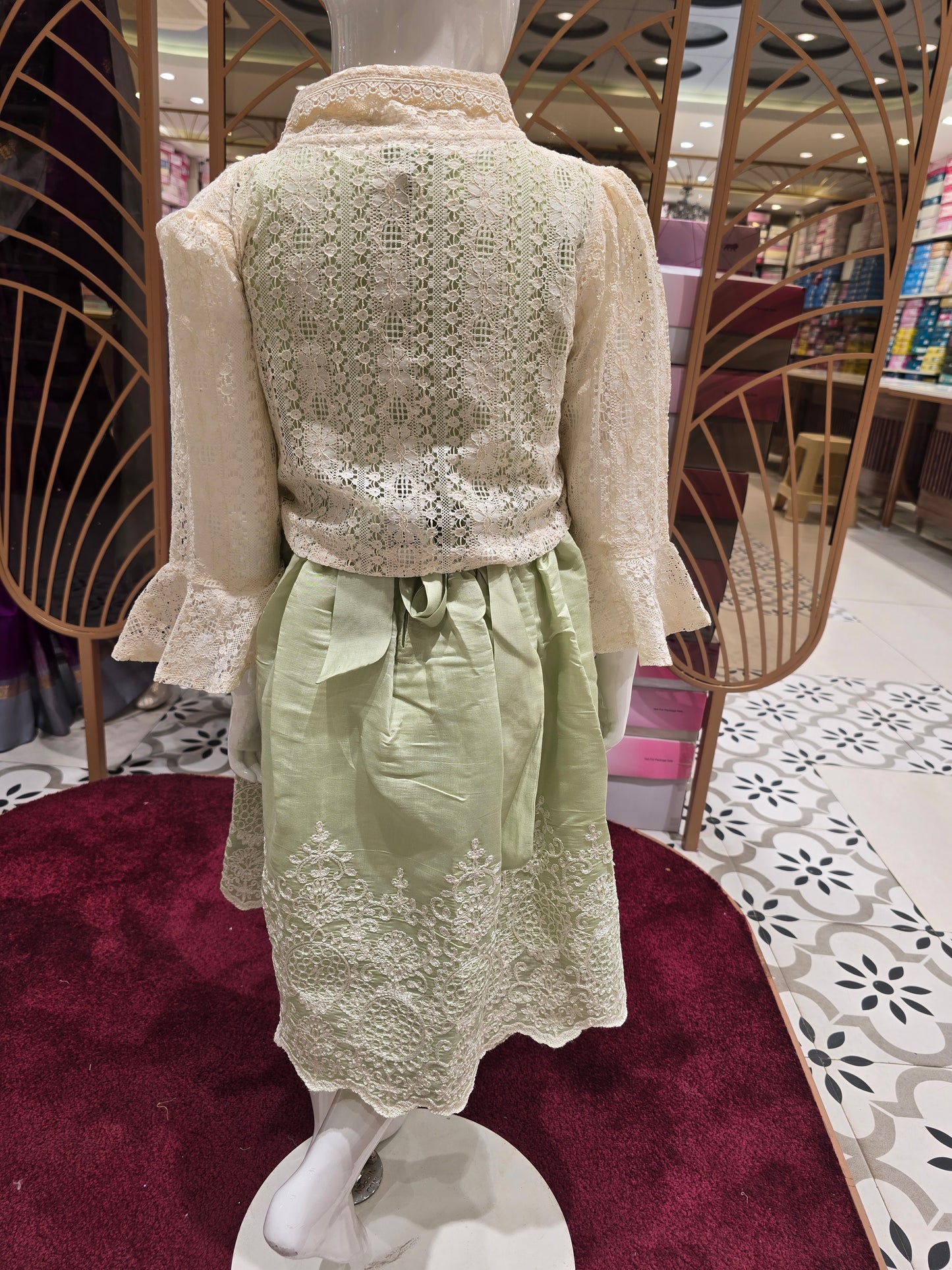 Soft Cotton Pista Colored Short Frock for Girls with Thread Work Border & Netted Designer Waistcoat – Casual Wear