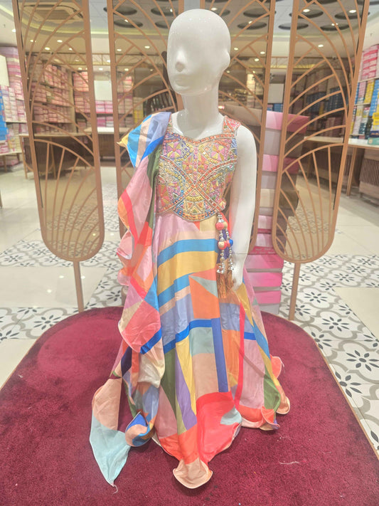 Satin crepe material multi colour gaghra set wuth handwork on speghetti top