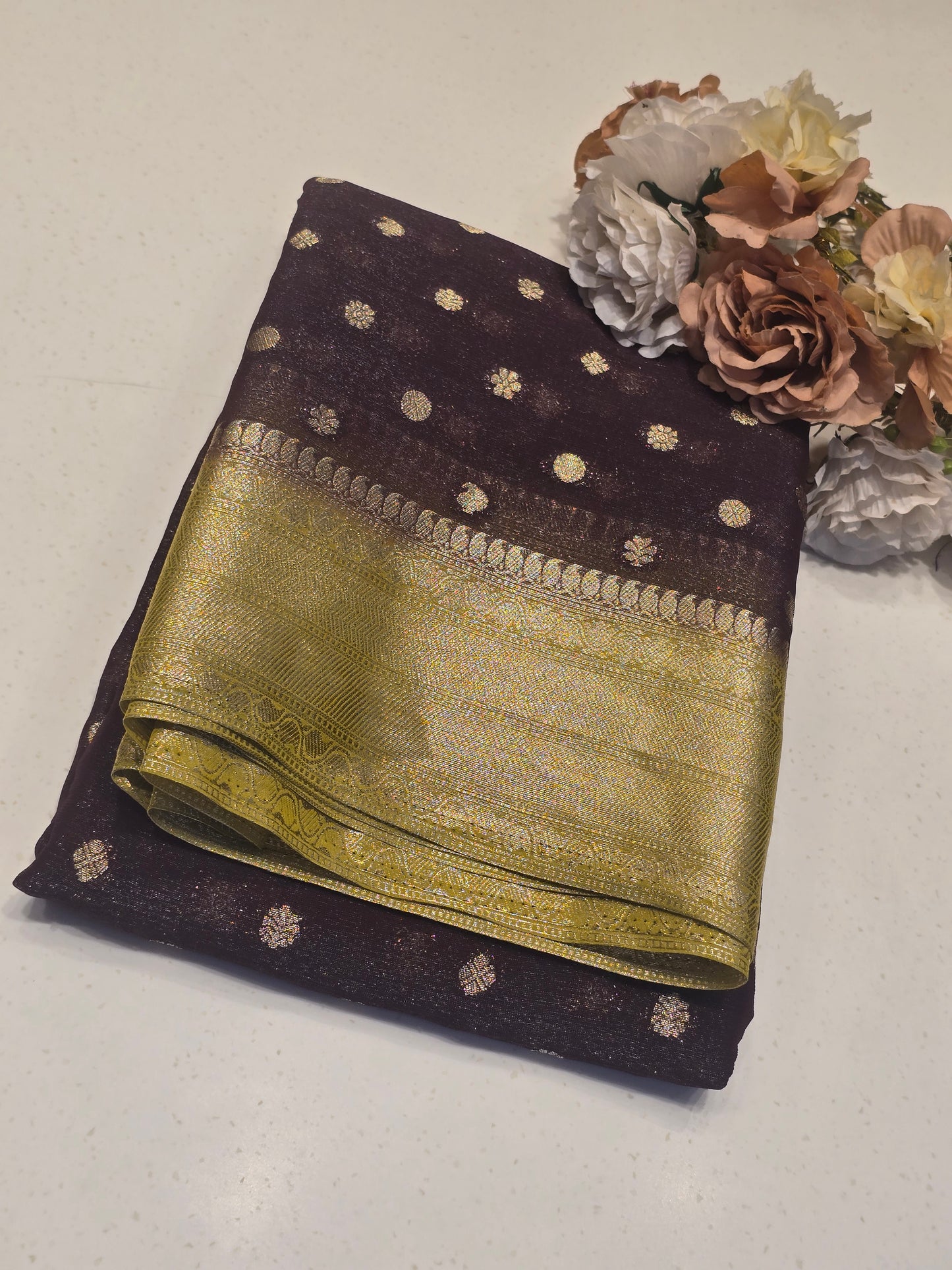 Georgette Silk Saree with Butta Motif, Traditional Zari Border & Contrast Blouse | Festive & Party Wear