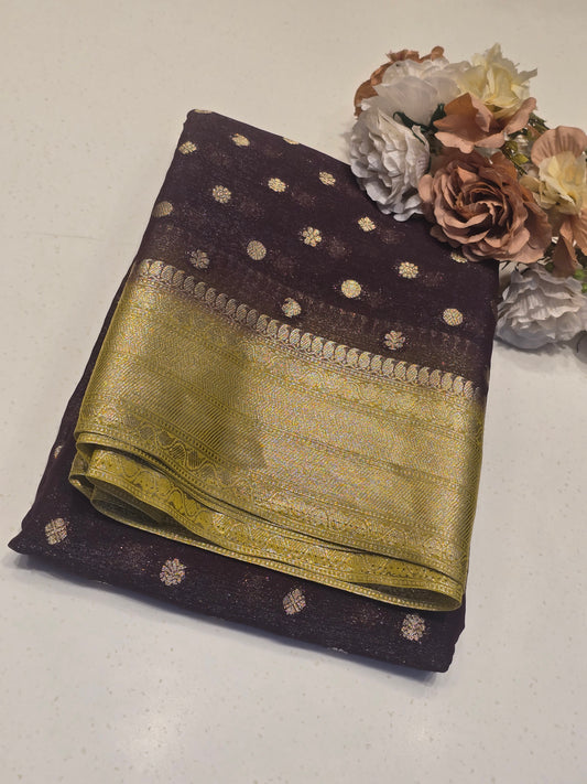 Georgette Silk Saree with Butta Motif, Traditional Zari Border & Contrast Blouse | Festive & Party Wear
