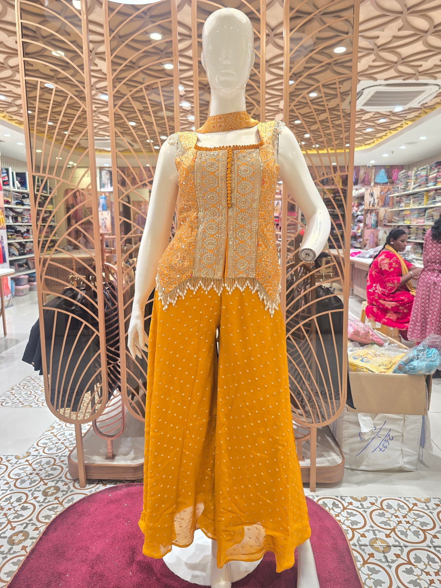 Women Mustard Bandhini Silk Sharara Set