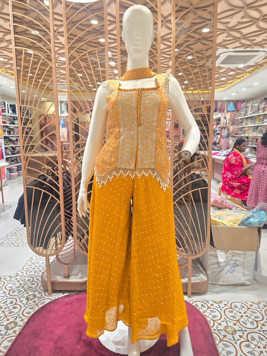 Women Mustard Bandhini Silk Sharara Set