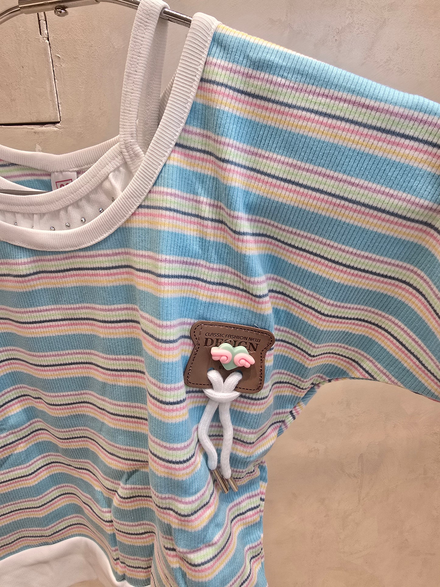 Multi-Coloured Hosiery Fabric Western Top with Horizontal Stripes and Attached Spaghetti-Style Half Sleeve