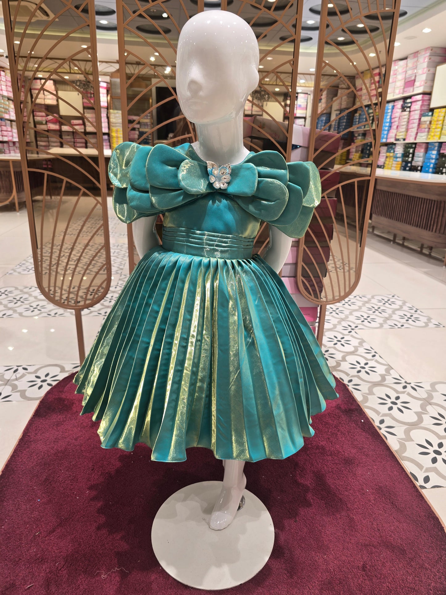 Girls Dual-Shade Satin Crush Party Wear Frock – Green & Teal Premium Western Dress