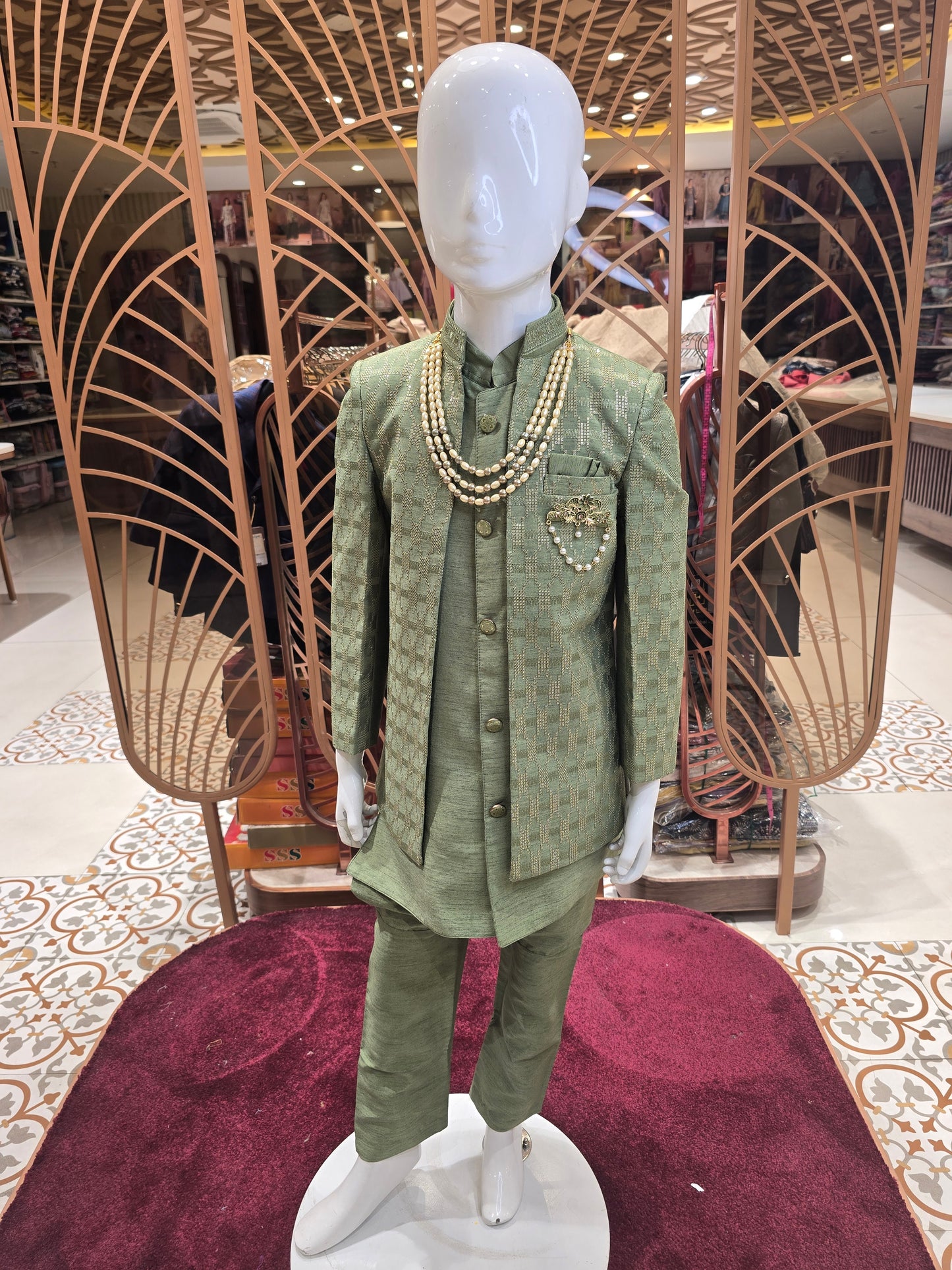 Pista colored silk mix Fabric junior ethnic sequence & handwork brauch ,3 layer maala