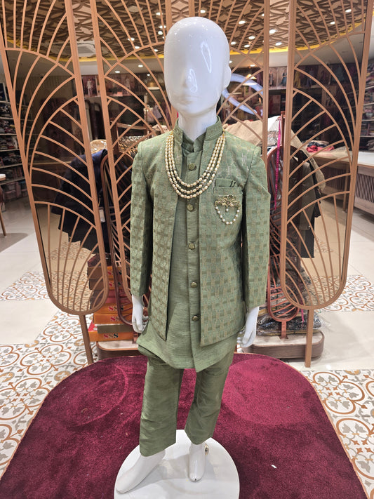 Pista colored silk mix Fabric junior ethnic sequence & handwork brauch ,3 layer maala