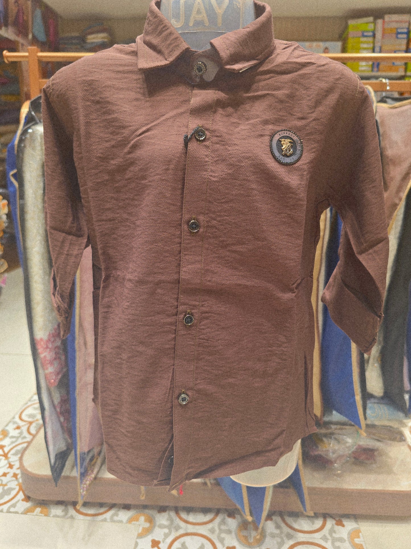 Brown Linen Lycra Shirt for Boys with Rubber Print Logo, Full Sleeves and Classic Collared Neck