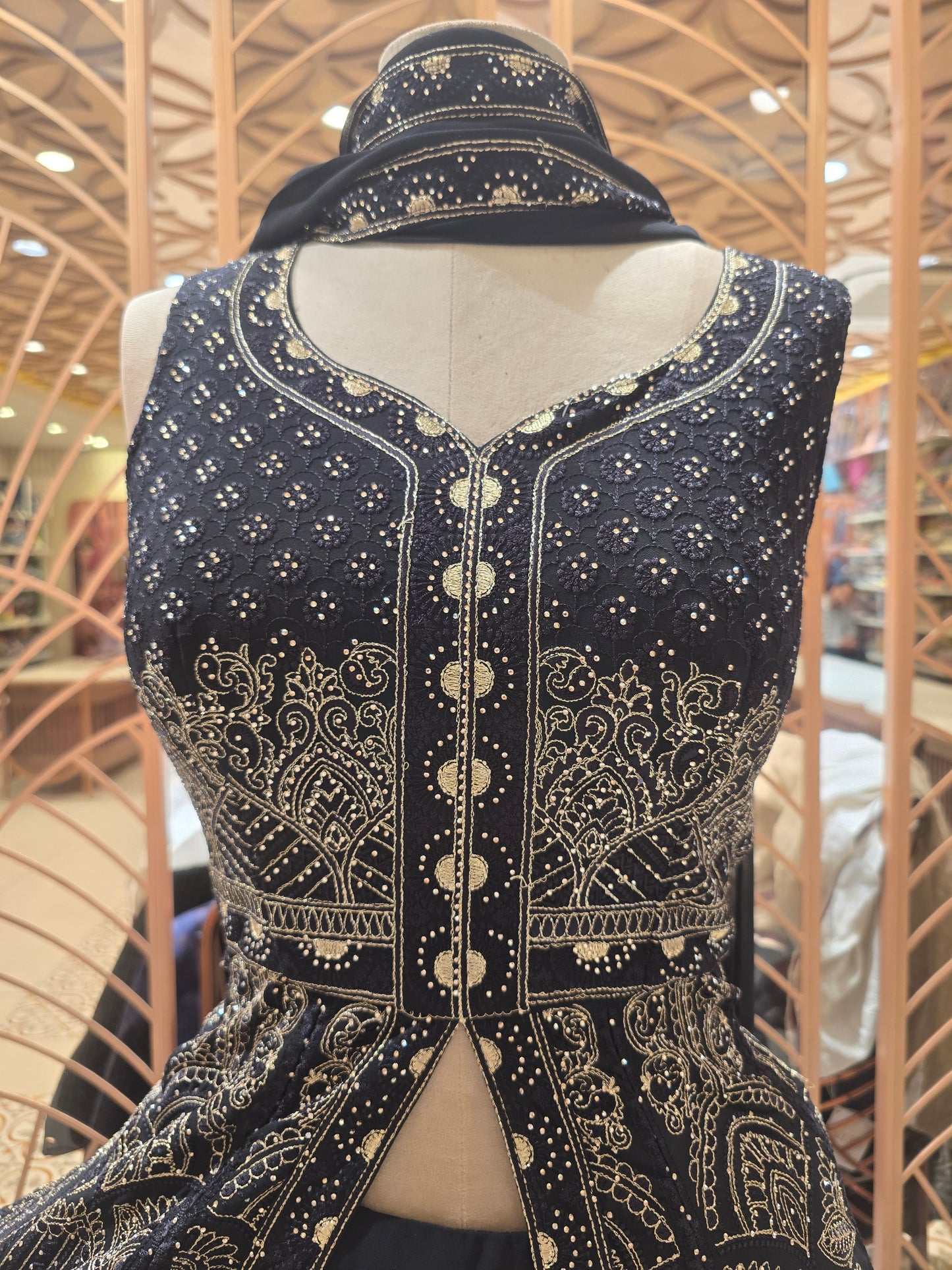 Black Georgette Gown-Style Lehenga with Embroidery & Tikli Stonework | Sleeveless Long Top with Dupatta