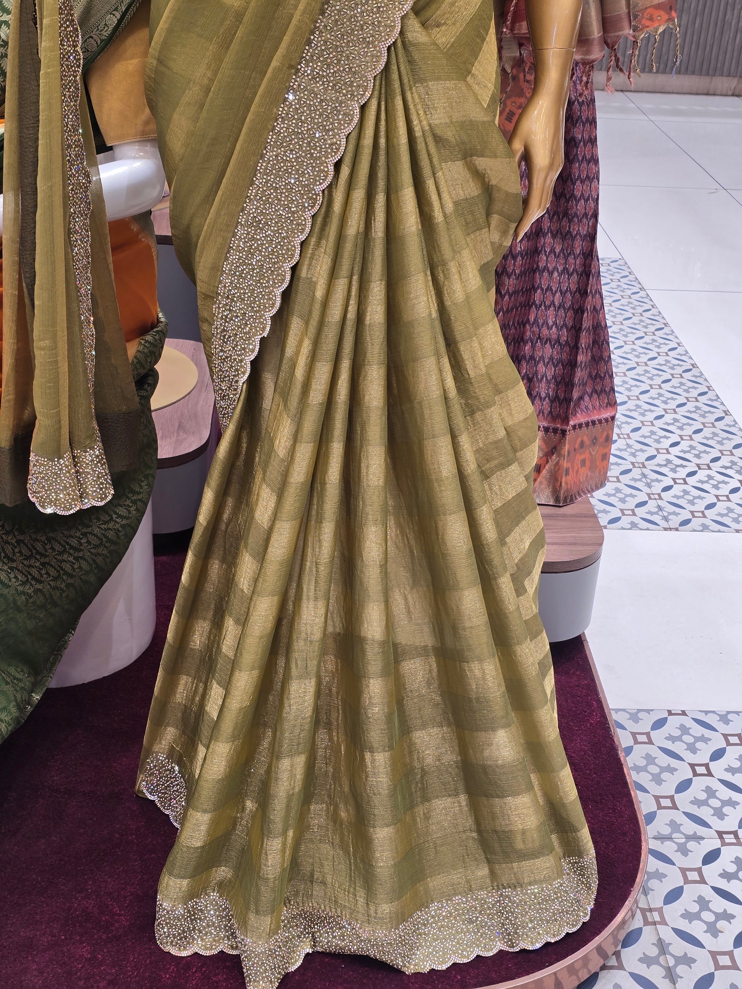 Mehendi Green Organza Designer Saree with Stone Cutwork Border