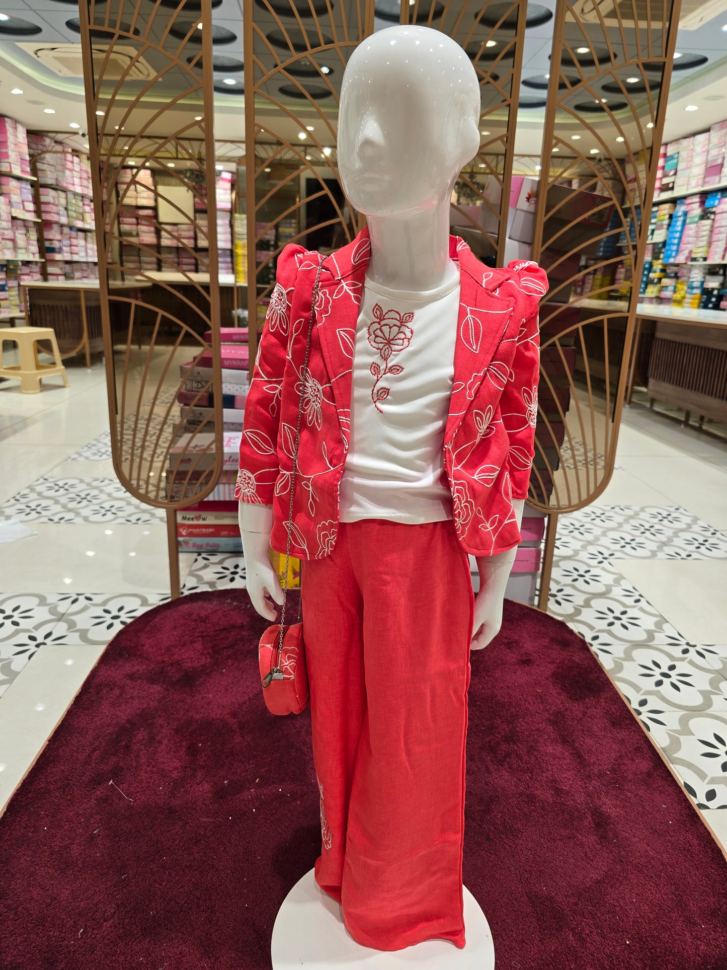 Linen Cotton Light Orange Coat Set with Embroidery Jacket, Puff Sleeves & Sling Bag (3-Piece Set)