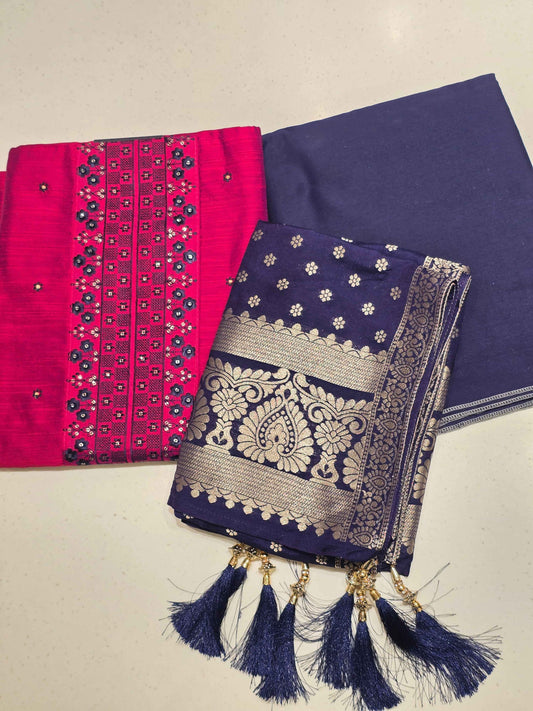 Rani Pink Blue Semi Cotton Dress Material