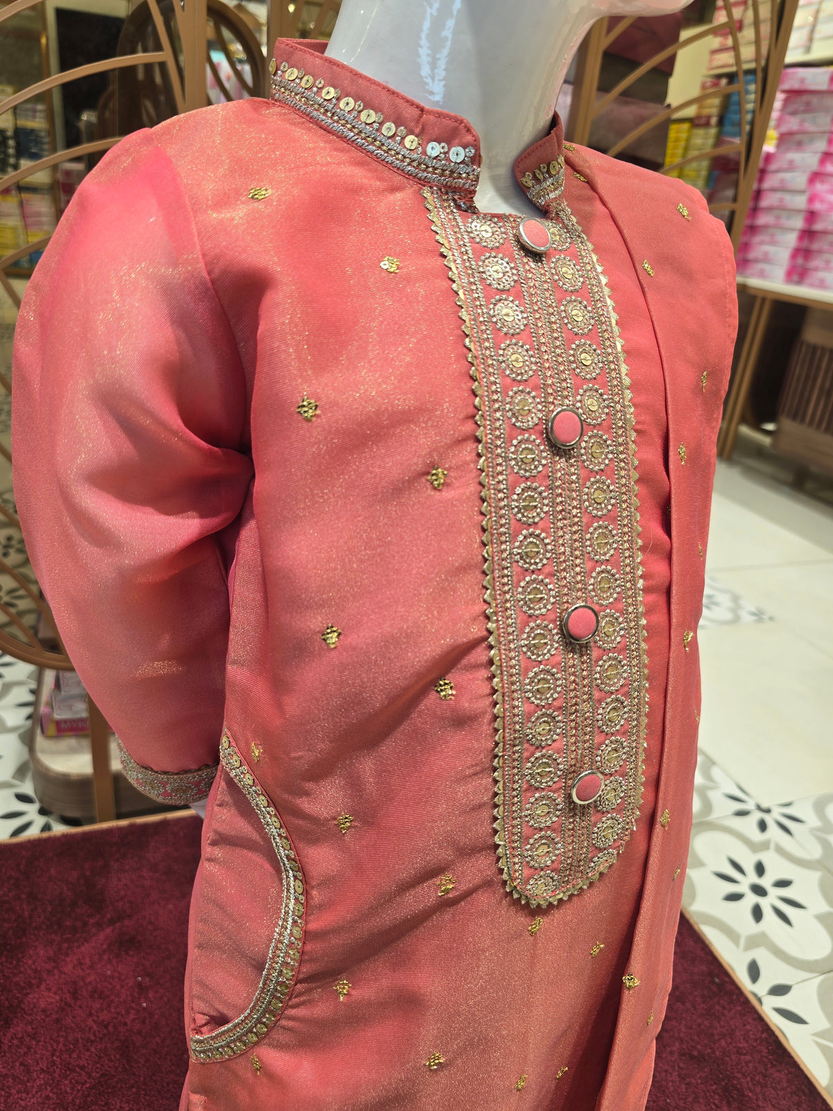 Girls Light Peach Zari Crepe Straight Kurta Set