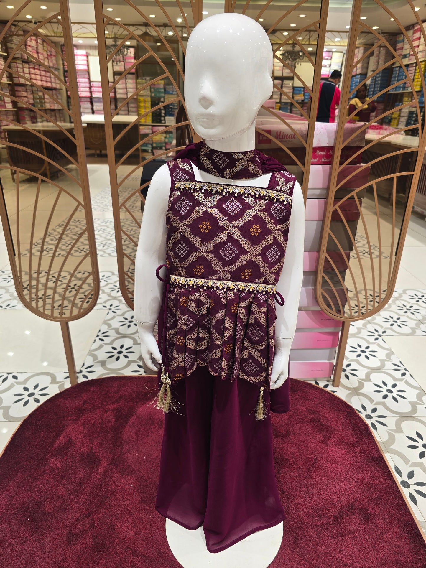 Girls Maroon Banarasi Bandhini Sharara Set