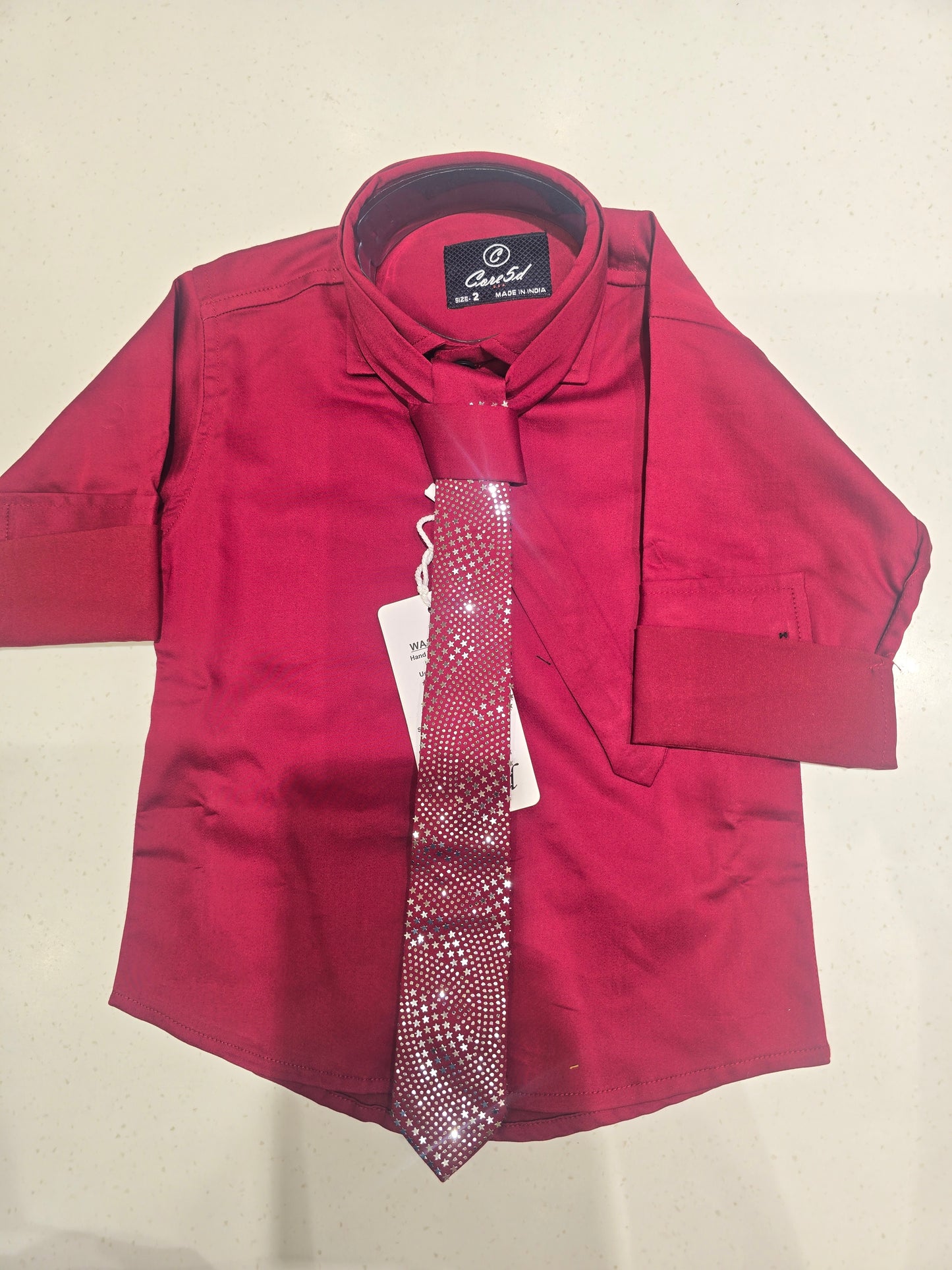 Satin cotton material maroon color shirt for boy with detachable designer tie