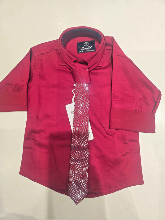 Satin cotton material maroon color shirt for boy with detachable designer tie