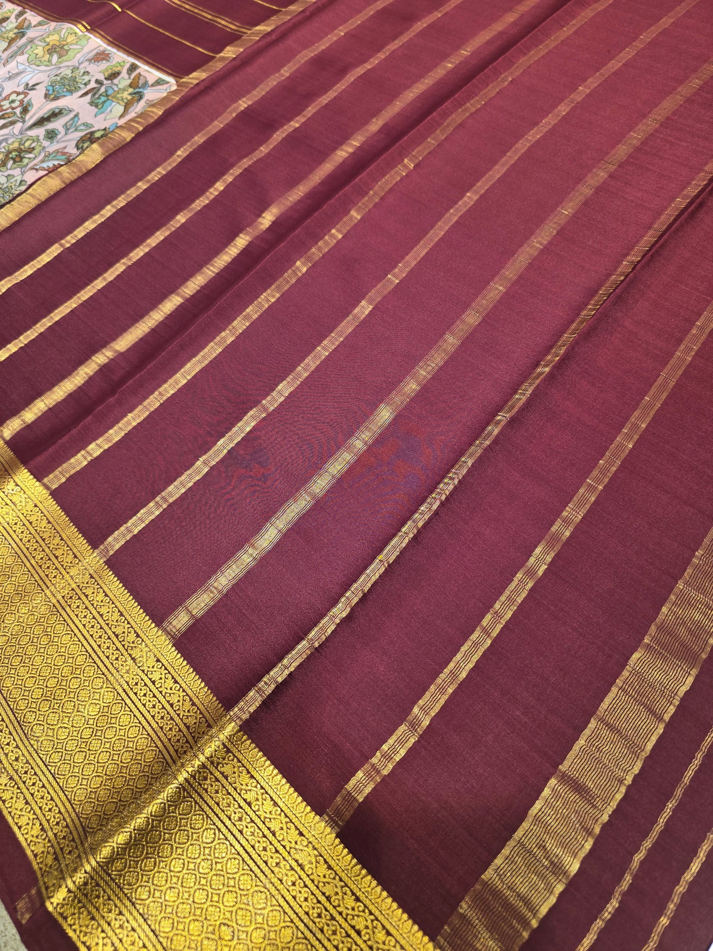 Exclusive Pure Mysore Kalamkari Printed Crepe Silk Saree with Gatti Zari Border | Baby Pink & Chocolate Brown | Premium Festive & Wedding Wear
