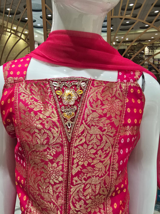 Rose Pink Tissue Silk Indo Western Palazzo Set for Girls with Banarasi Floral Design, Cape Cut Blazer & Embroidered Border – 3 Piece Set