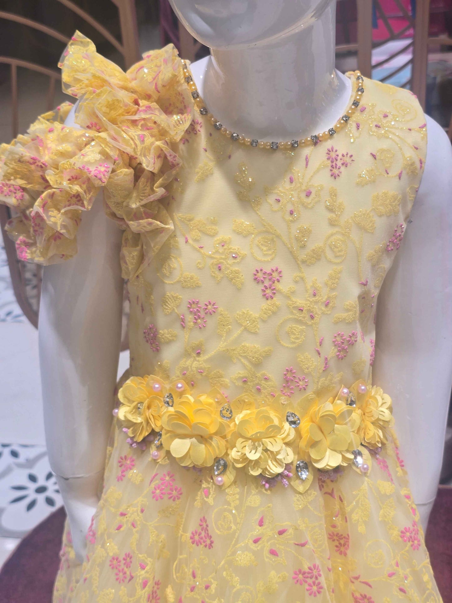 Girls Lemon Yellow Knitted Cold Shoulder Gown