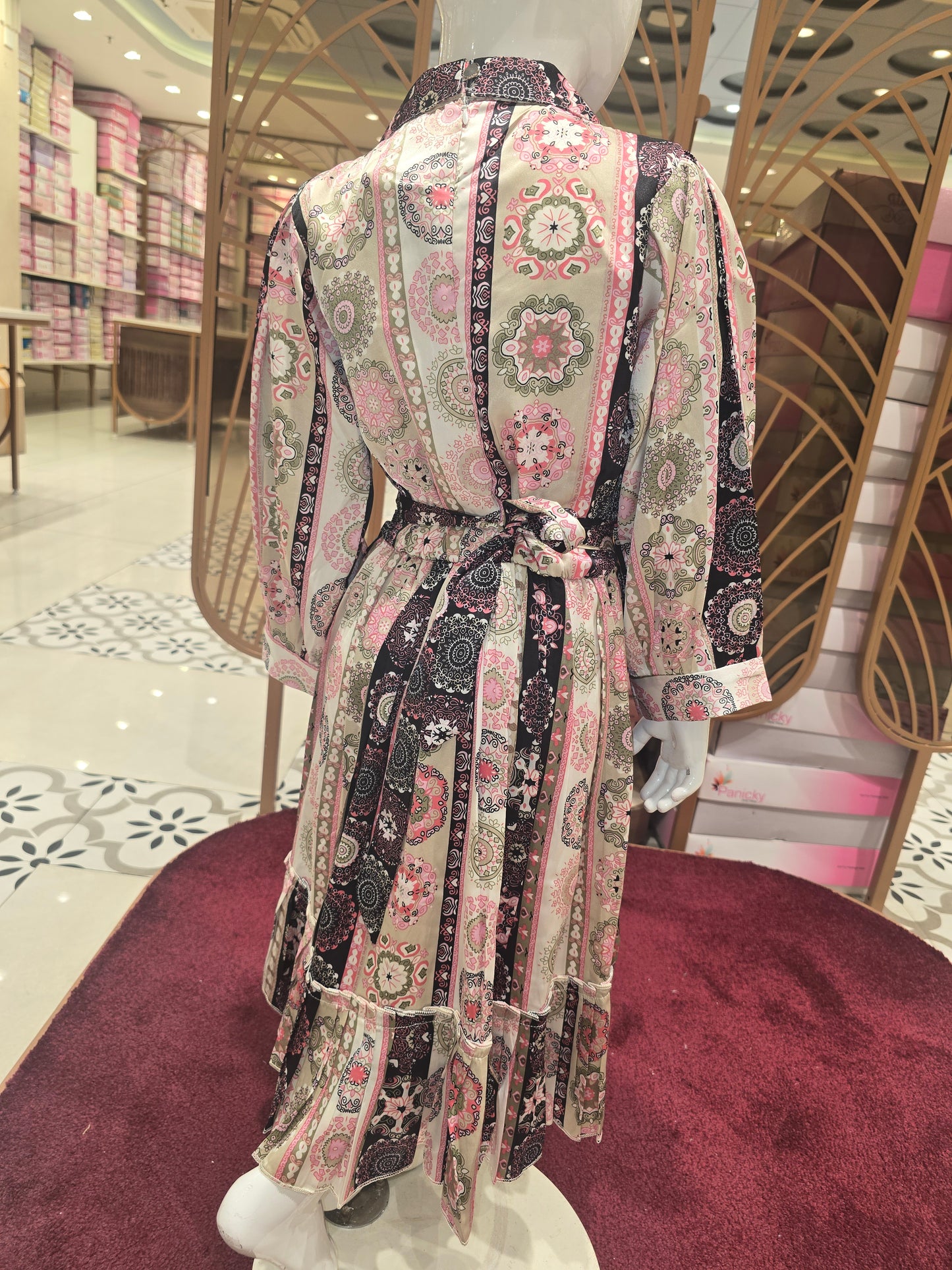 Girls Rangavali Print Satin Short Frock with Collared Neck and Three-Quarter Sleeves