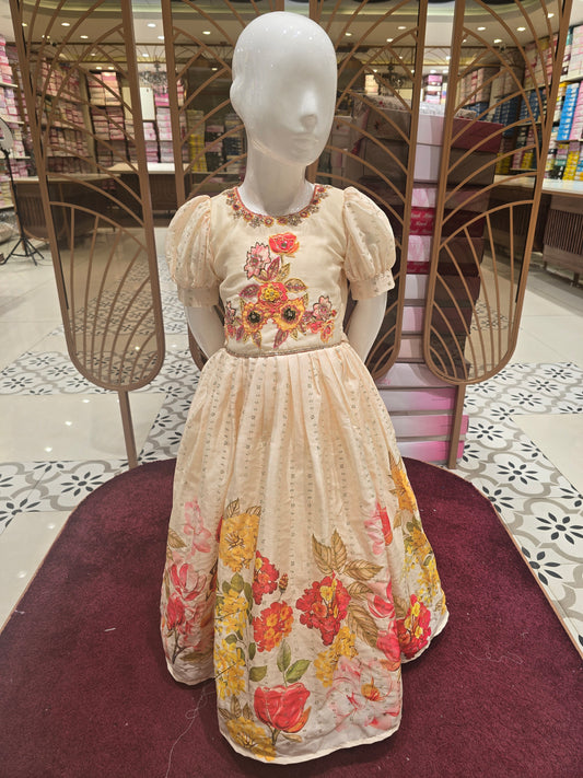 Crepe Sequin Fabric Gown with Multicolored Printed Border, Round-Neck Embroidery Work – Ethnic Party Wear for Girls (Age 5, Size 24)