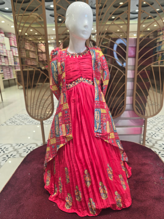 Orange Crepe Traditional Party Wear Gown for Girls with Detachable Open Jacket, Handwork Neck and Waist Detailing