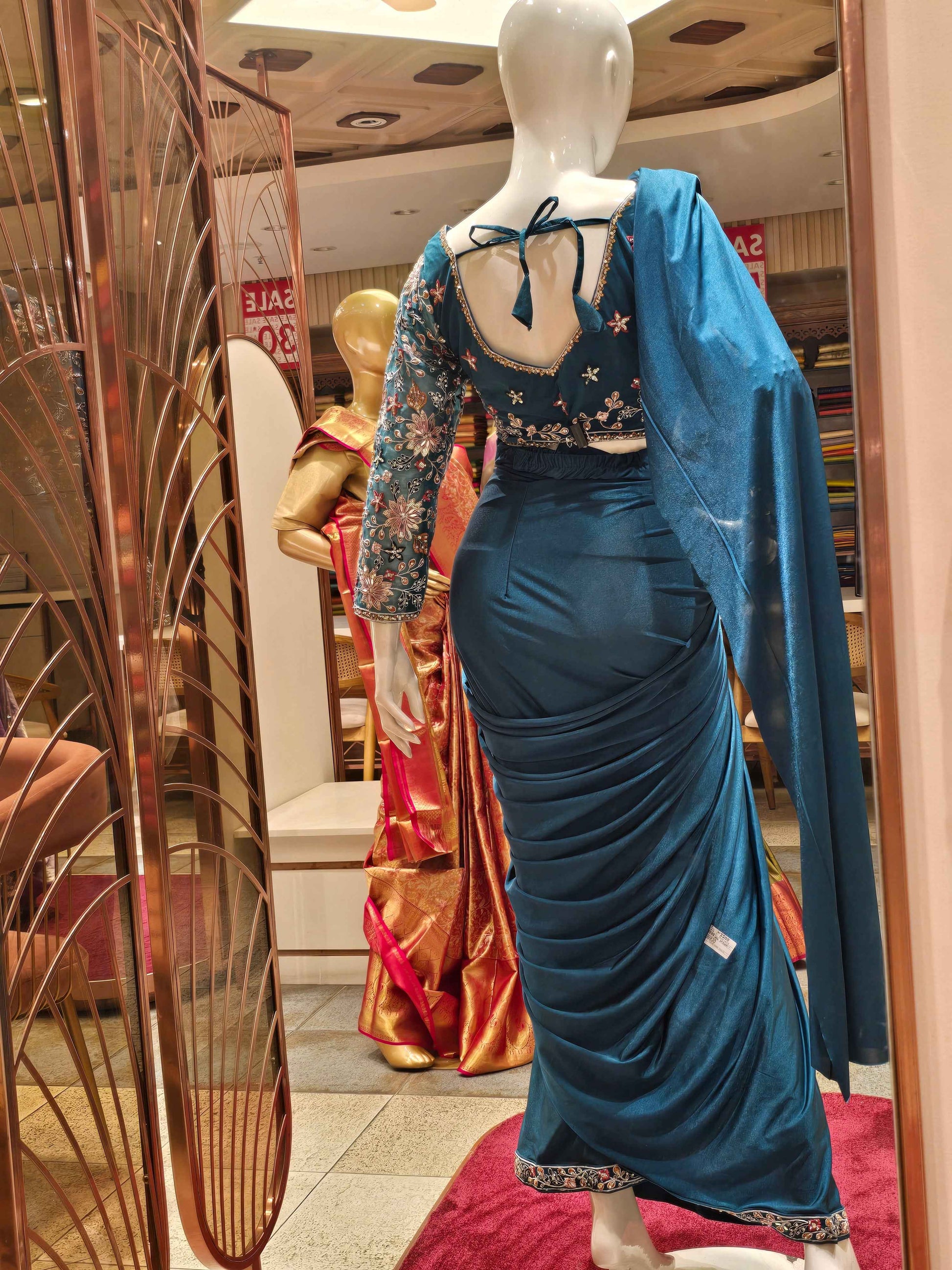 Teal Blue Indo-Western Pre-Draped Saree Set