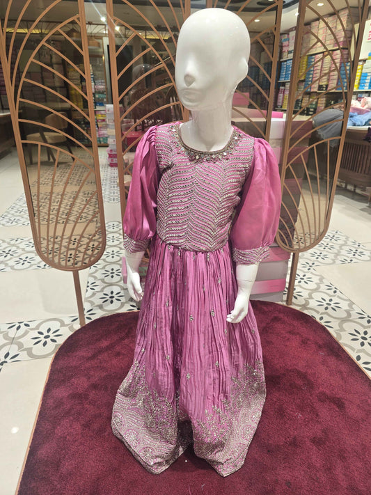 Crush crepe material onion pink color ethnic wear gown with mirror work on neck