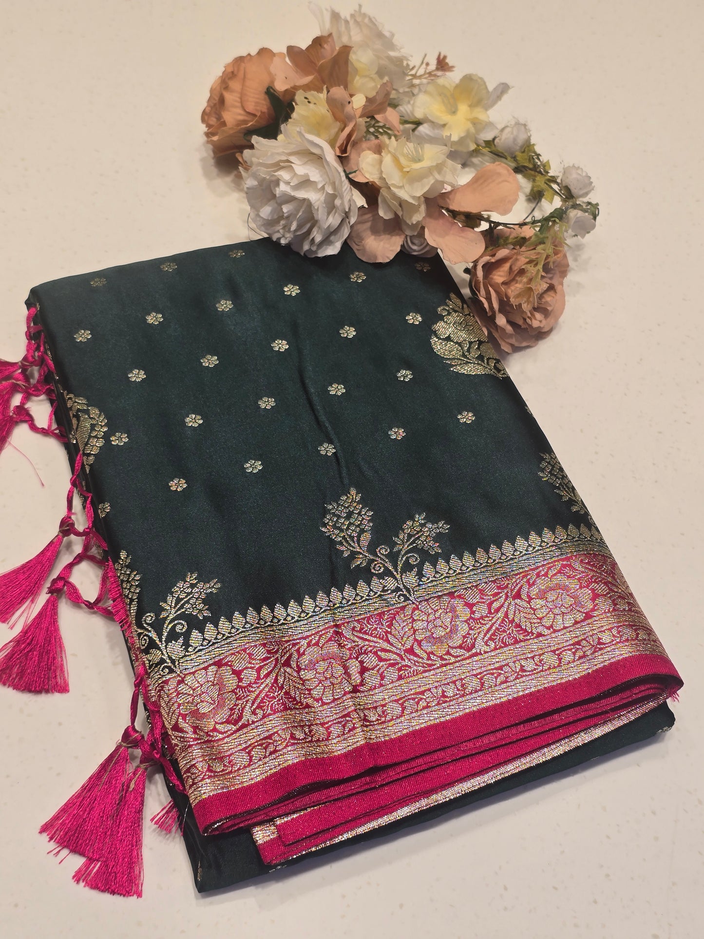 Satin Banarasi Saree with Jari Butta, Rich Pallu & Contrast Blouse | Festive & Traditional Wear