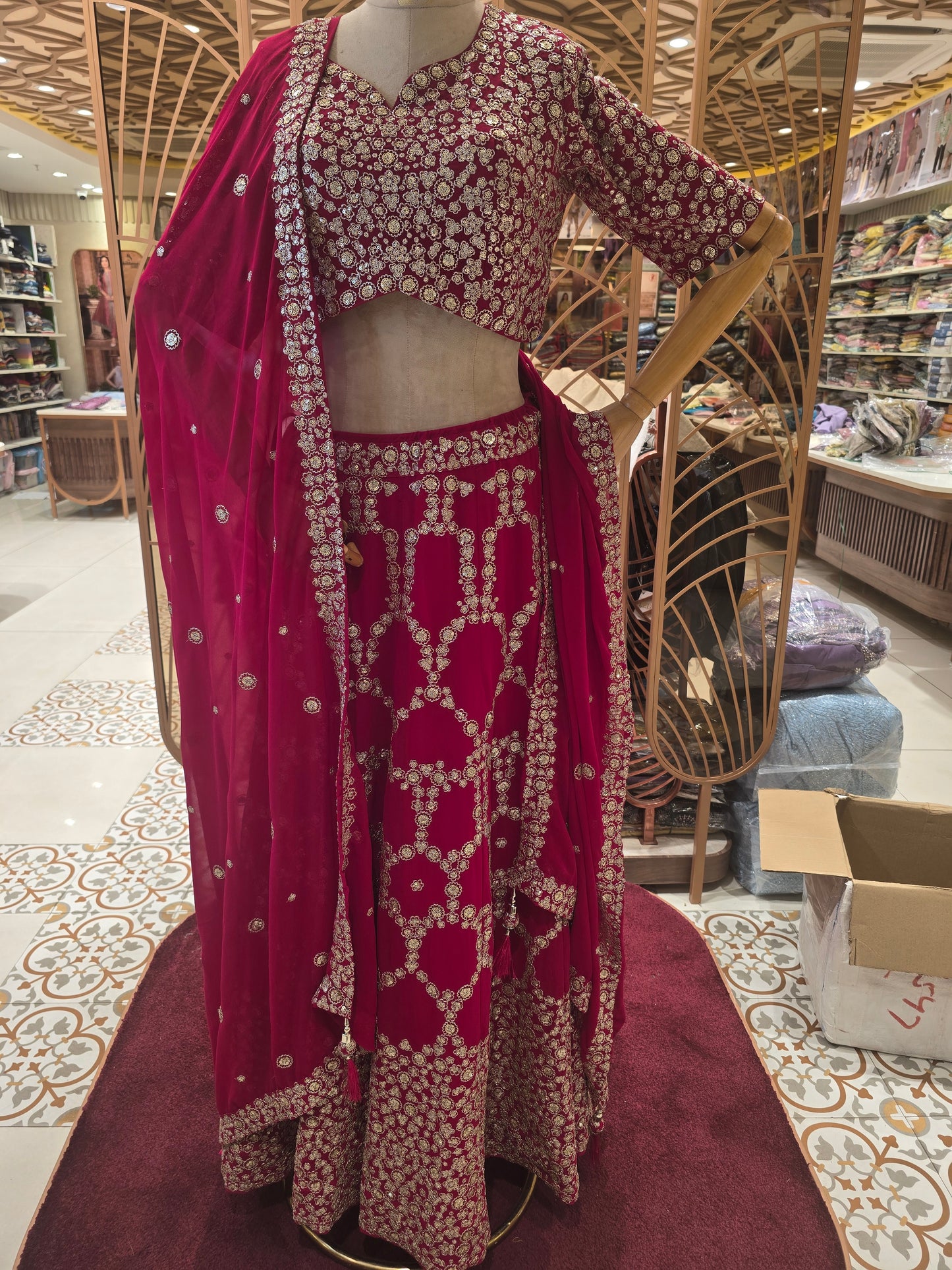 Bridal Georgette Lehenga – Pink Shade with Heavy Sequins Work, Round-Neck Blouse & Matching Dupatta