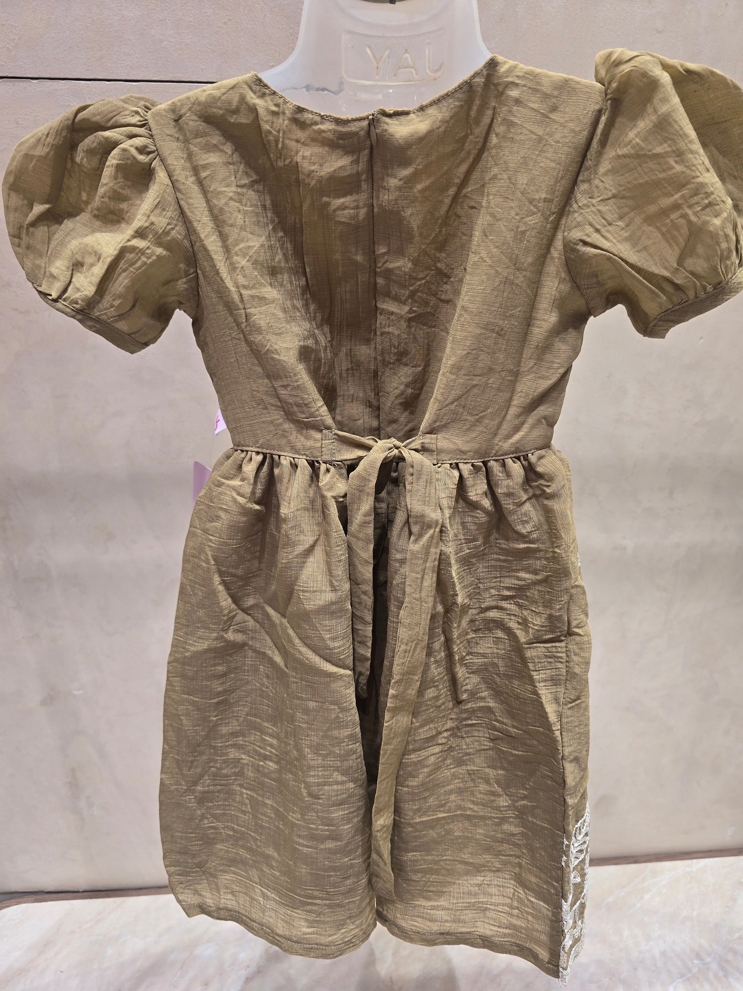 Fawn Soft Cotton Short Frock with Floral & Leaf Embroidery and Puff Sleeves