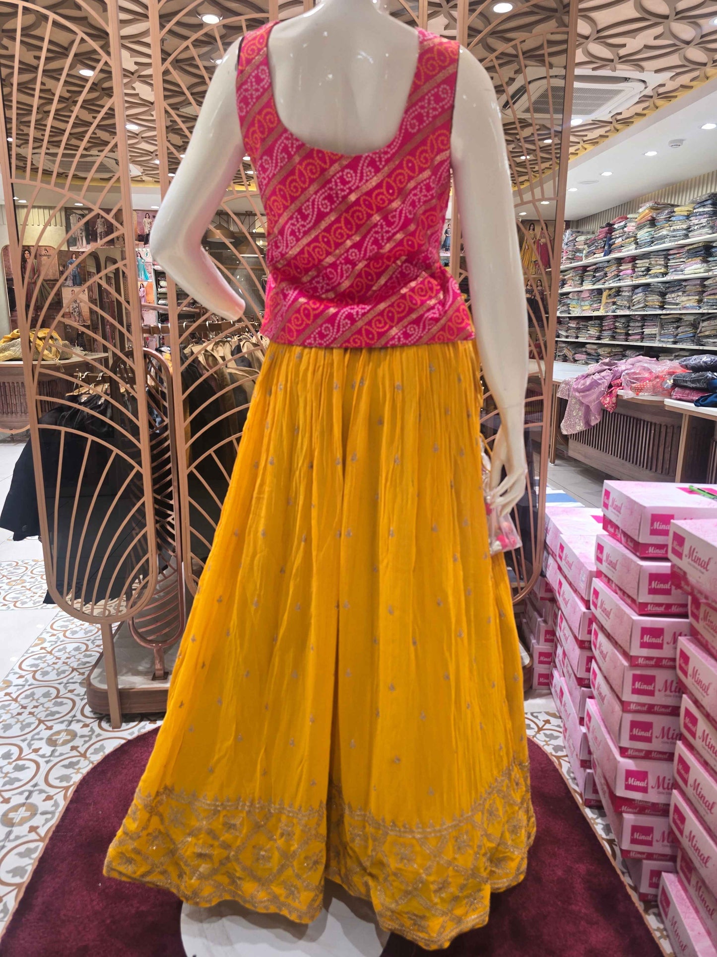 Women Yellow Pink Bandhani Silk Lehenga Set