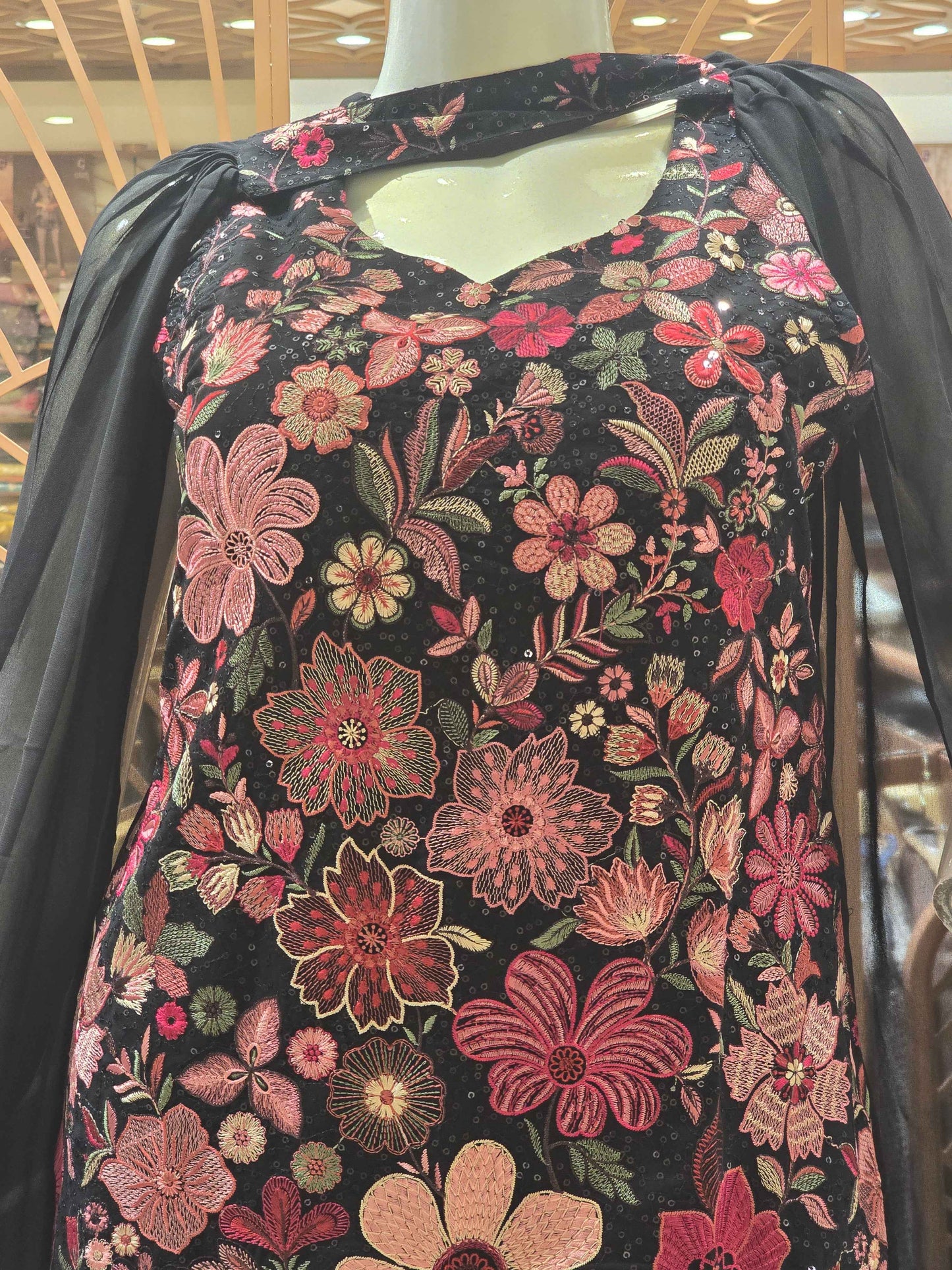 Georgette Material black colour sharara with multi colour flower embroidery design