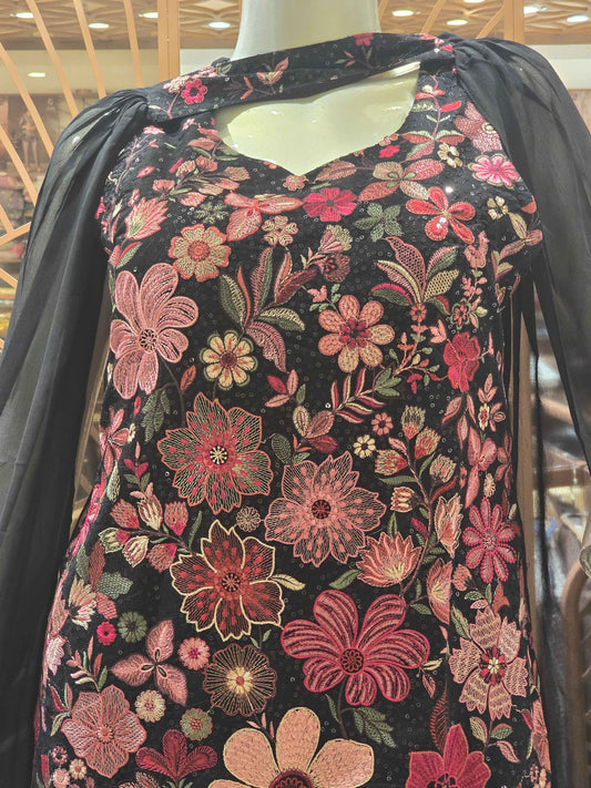 Georgette Material black colour sharara with multi colour flower embroidery design