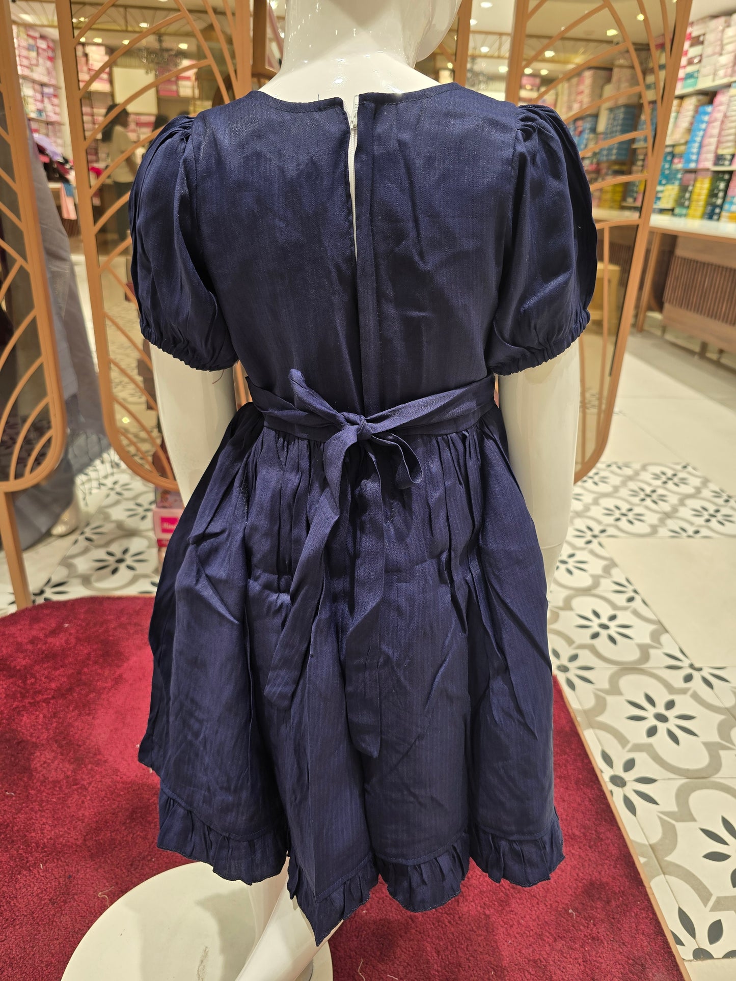 Soft Cotton Navy Blue Short Frock for Girls with Puff Sleeves & Floral Embroidery, Round Neck – Casual Wear