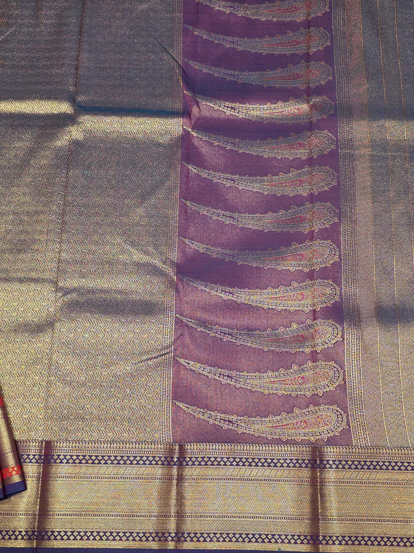 Semi kanjivaram saree with gatti border and traditional motifs