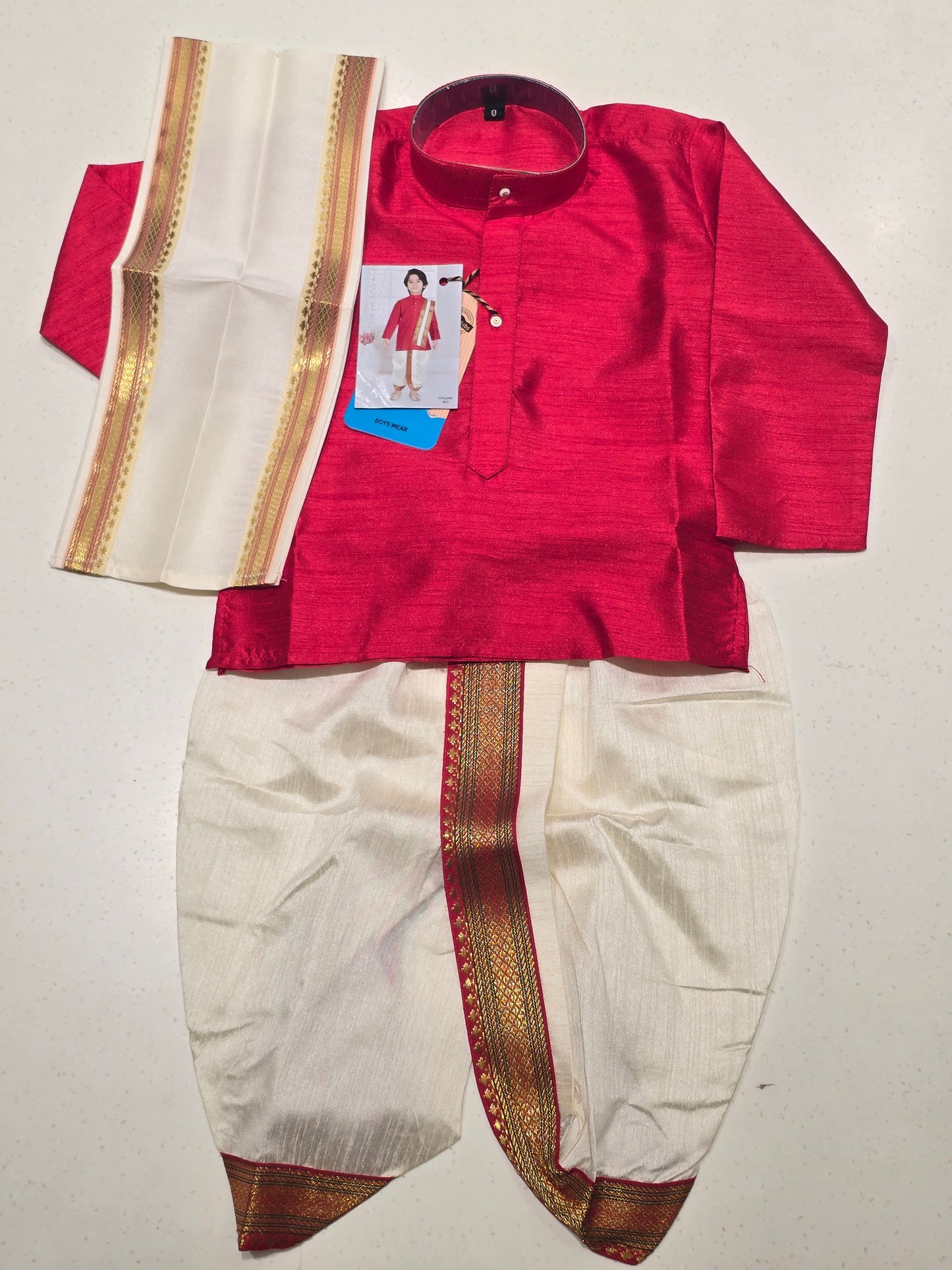 Red Cream Semi Silk Dhoti Set for Boys