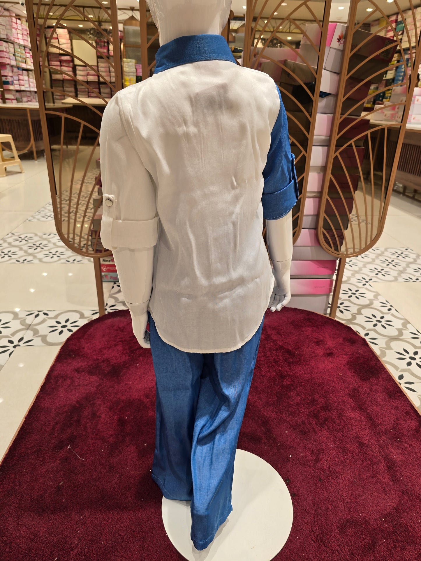 Denim Cotton Blue & White Western Set for Girls with Stone Heart Design, Steel Buttons & Folded Sleeves (2-Piece)