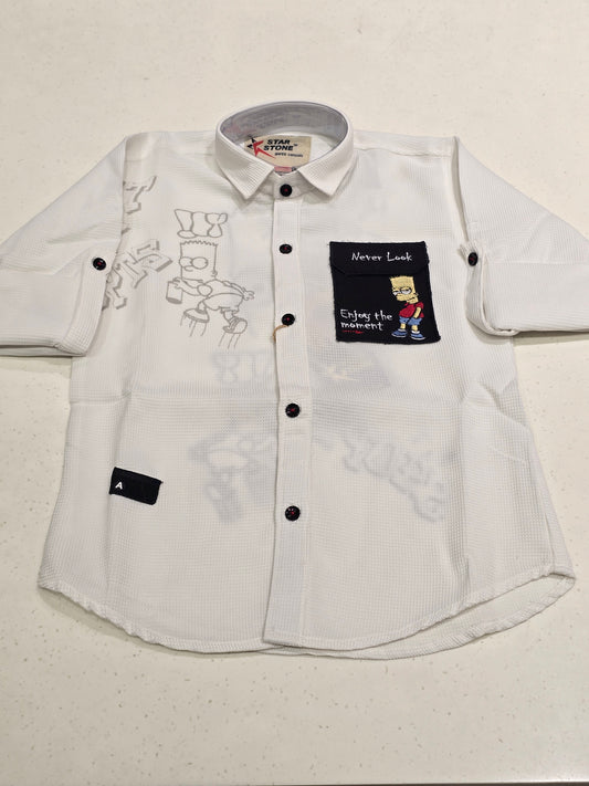 White Popcorn Party Wear Shirt with Back Print for Boys