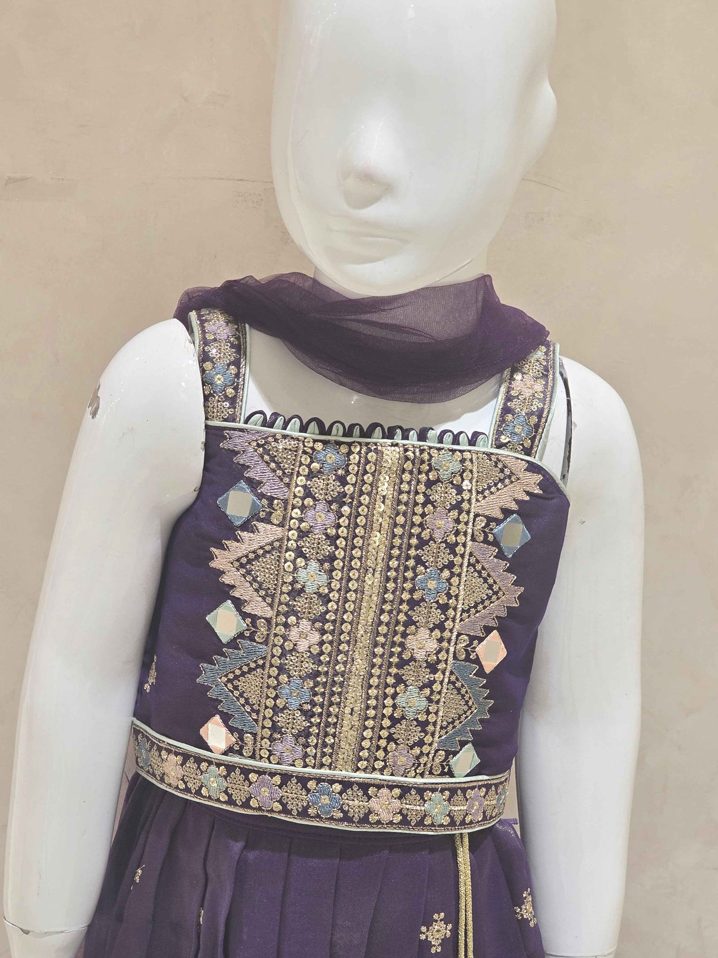 Purple Shimmer Ghagra Choli Speghetti Sleeves for Girls
