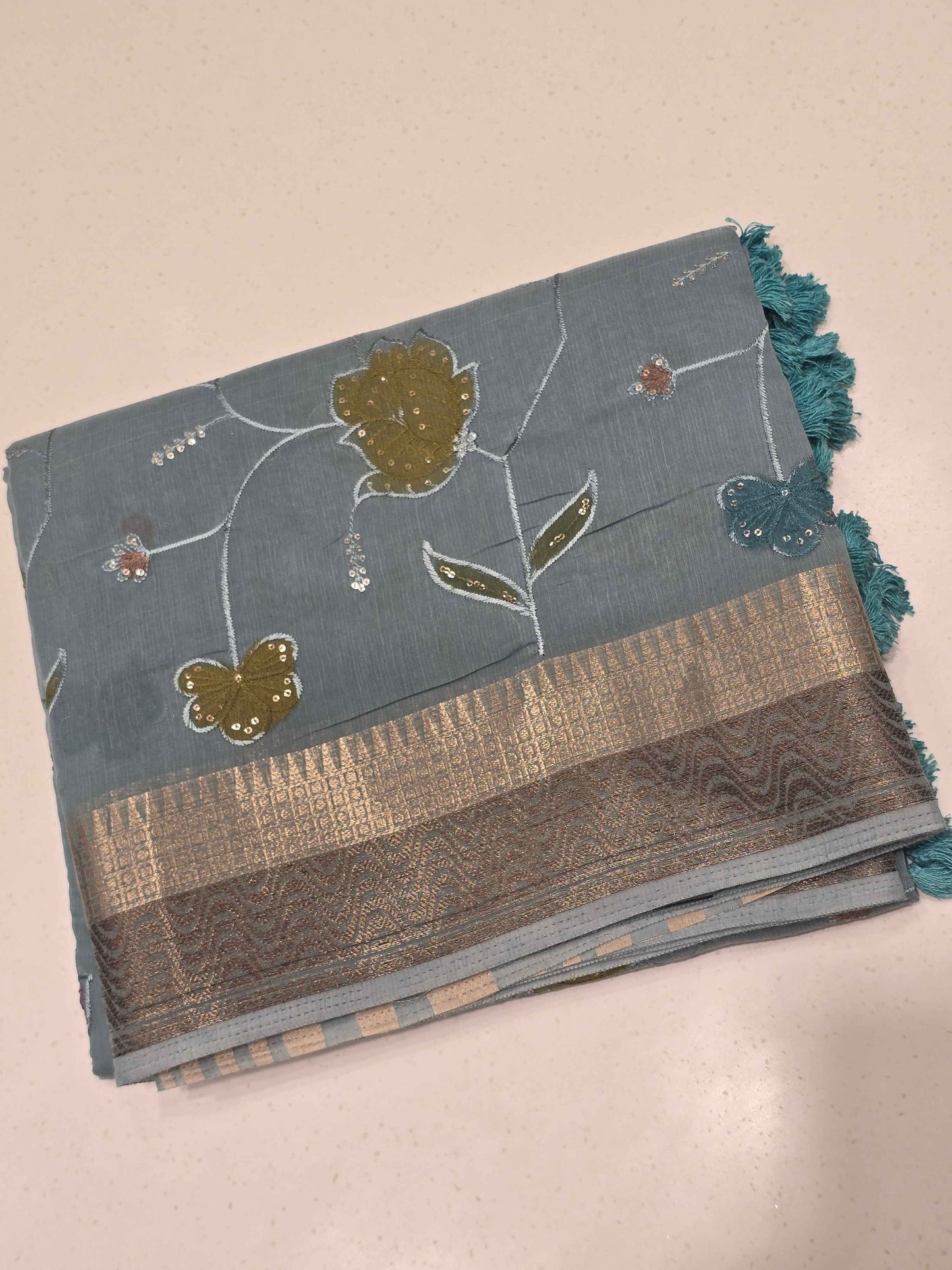 Tussar Saree with Multicolour Embroidery & Sequin