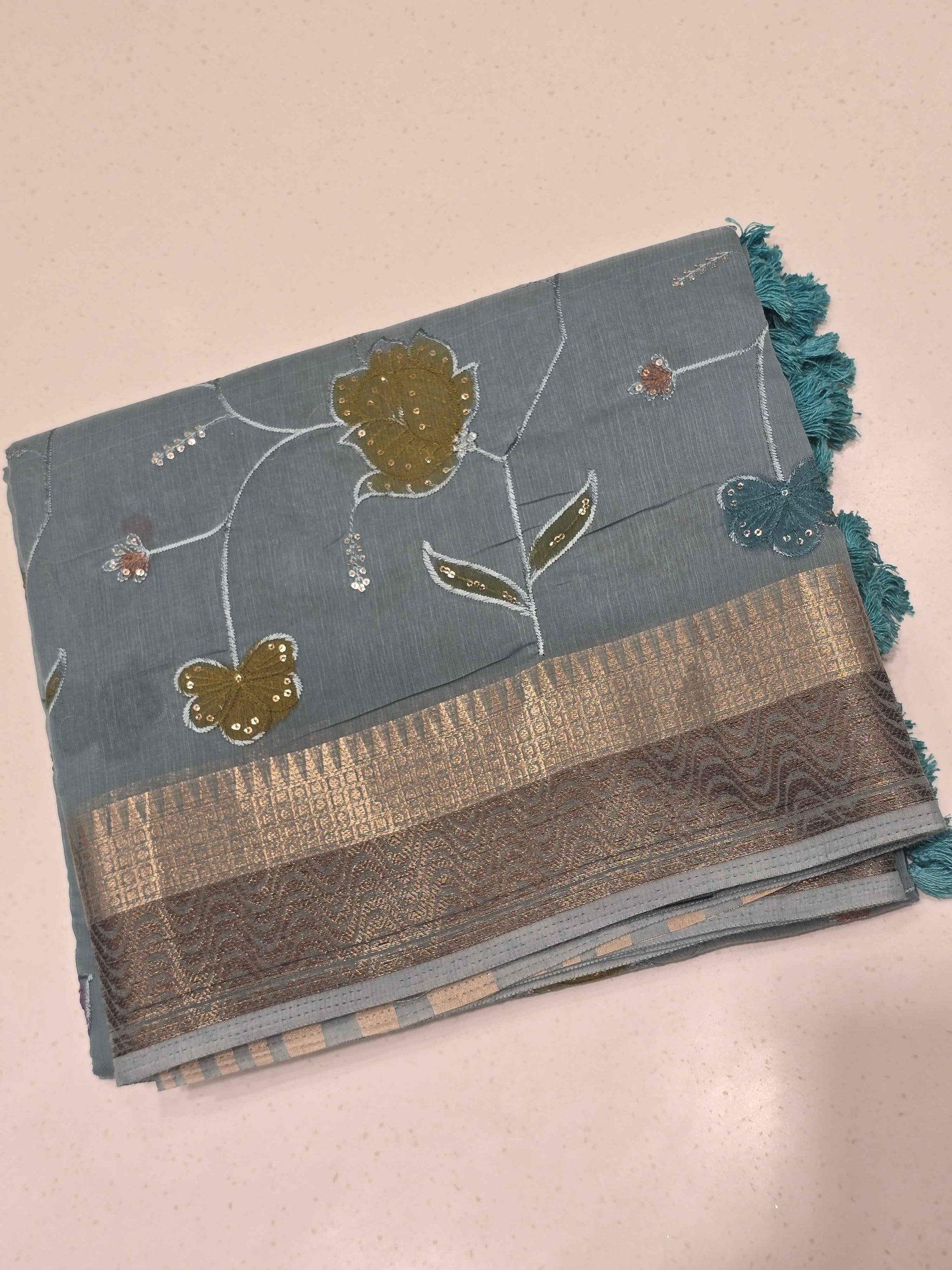 Tussar Saree with Multicolour Embroidery & Sequin