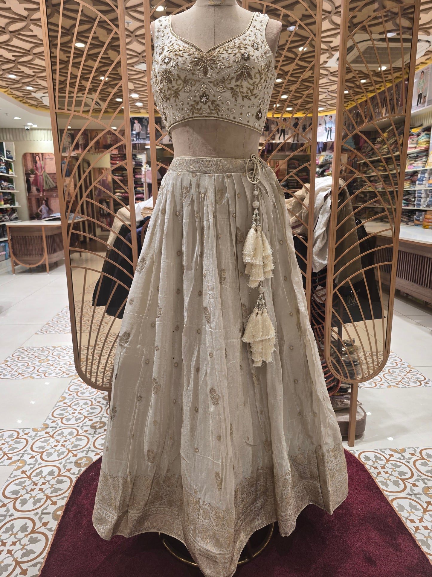 Half White Tissue Banarasi Lehenga with Banarasi Butta & Stone Work V-Neck Blouse | Tissue Banarasi Dupatta