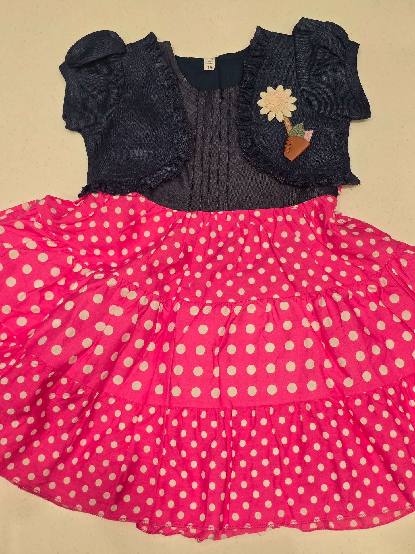 Cotton material pink with blue color babyfrock with small dots