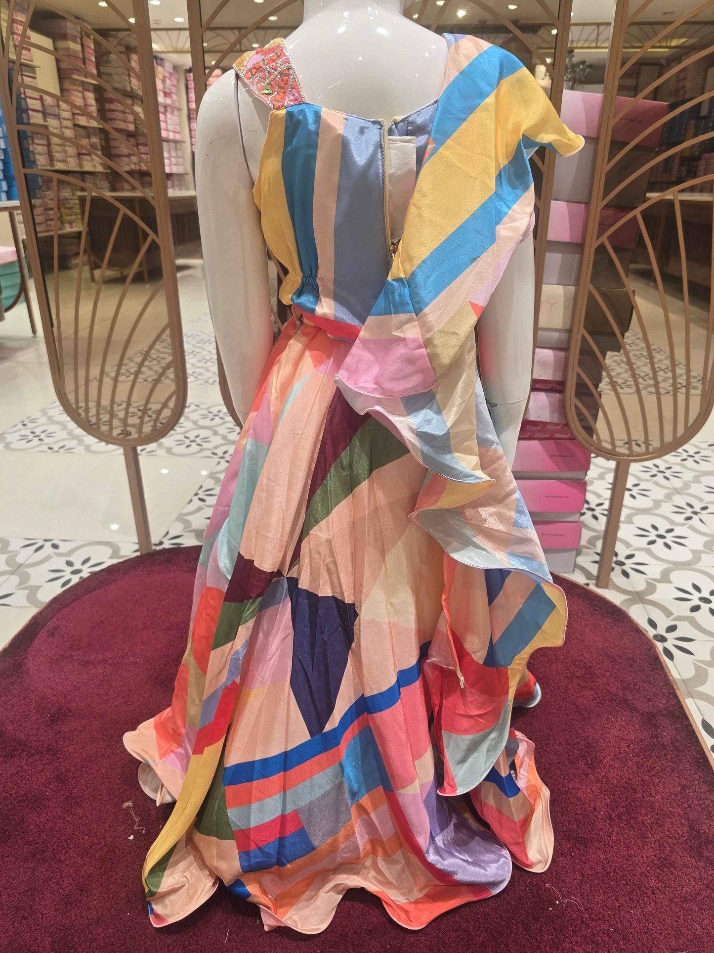 Satin crepe material multi colour gaghra set wuth handwork on speghetti top