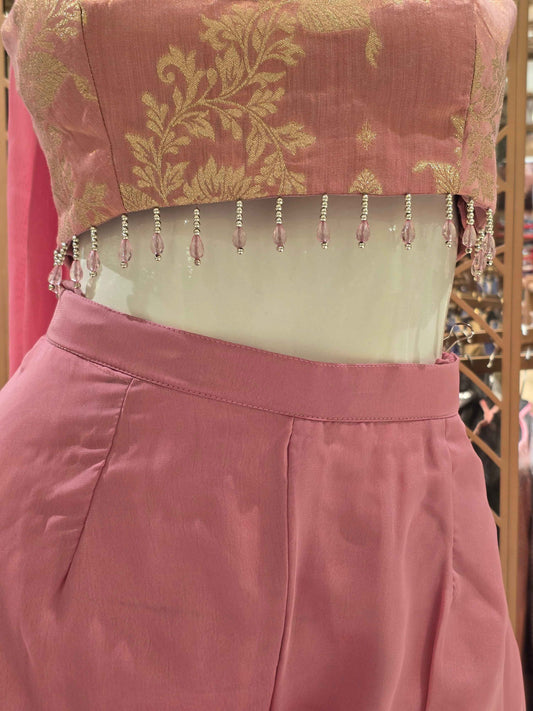 Tissue Material baby pink colour plazo set with speghetti Sleeves