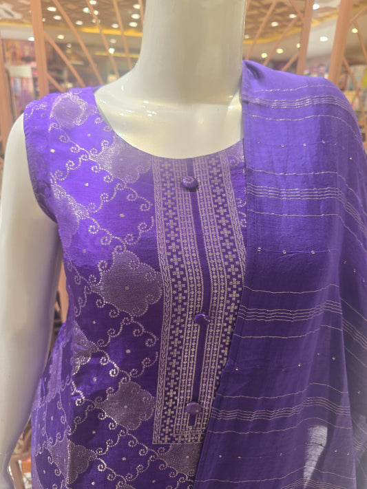 Purple Banarasi Silk Party Wear Set for Women with Banarasi Design & Micro Sequin Work, Round Neck – Elegant Occasion Wear