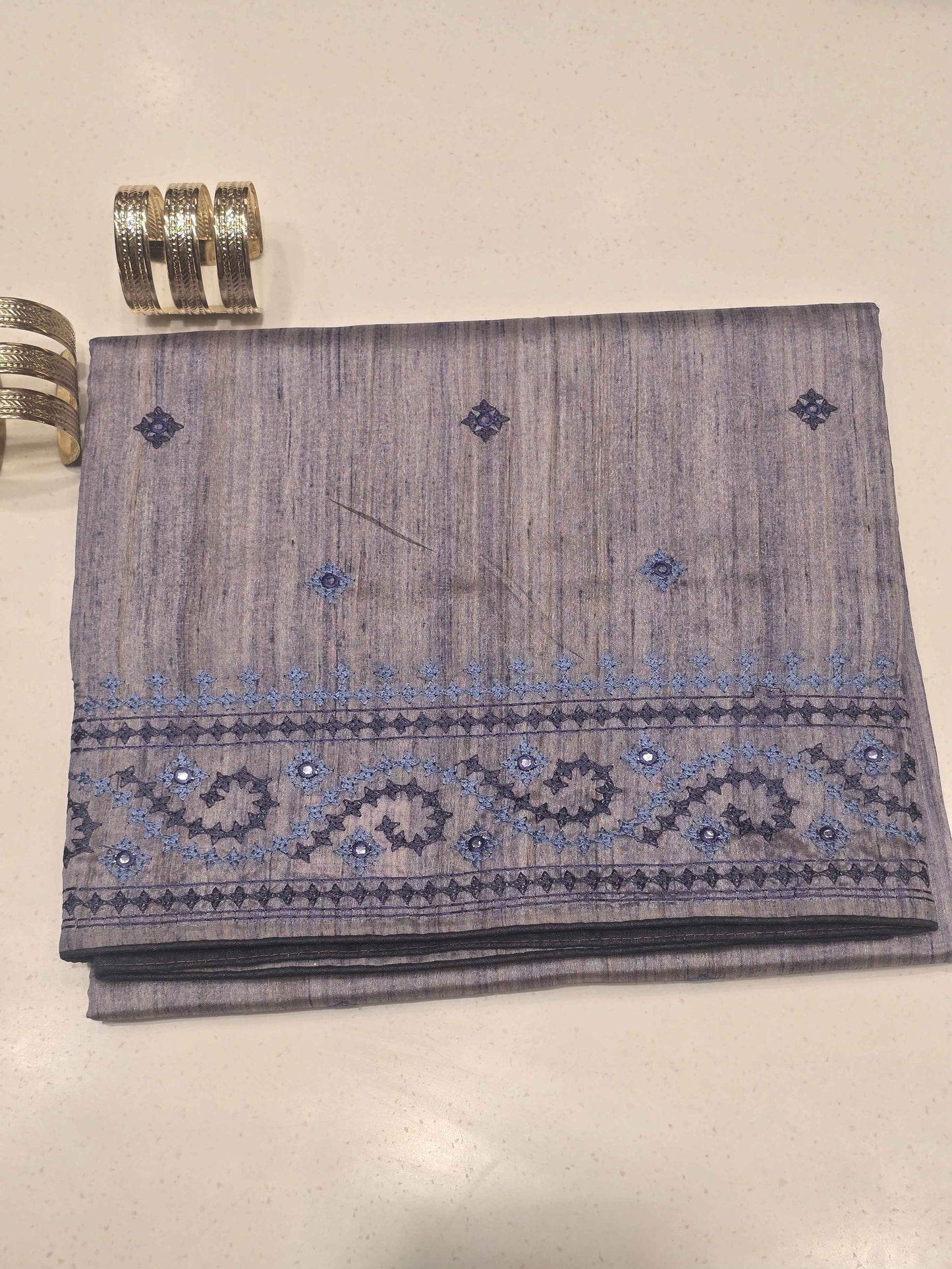Tussar Silk Saree with Mirror Work Embroidery
